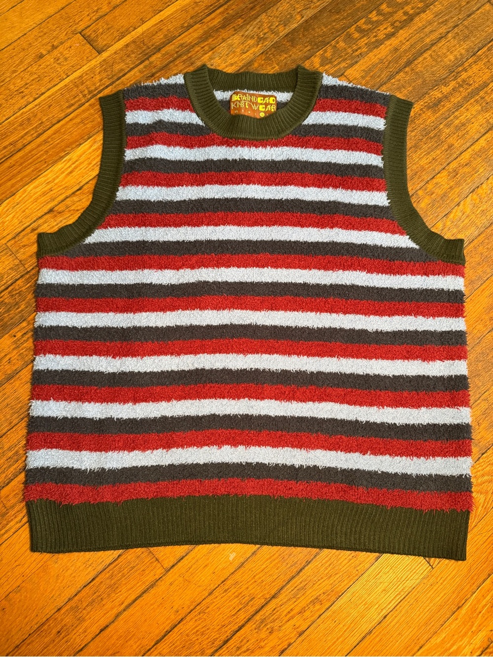 Brain Dead Striped Fuzzy Knit Sweater Vest XL Red Blue Olive Streetwear